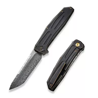 We Knife WE22035-DS1 Shadowfire Flipper Folding Knife 3.97" Damasteel Tanto Plain Edge Blade, Bronze/Black Titanium Handle