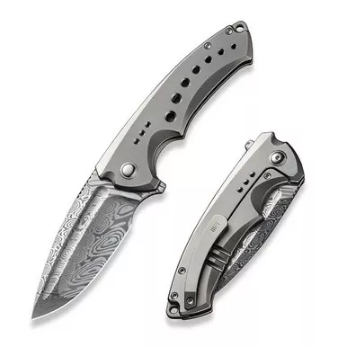 We Knife WE22044-DS1 Nexusia Flipper Folding Knife 3.48" Damasteel Drop Point Plain Edge Blade, Polished Titanium Handle