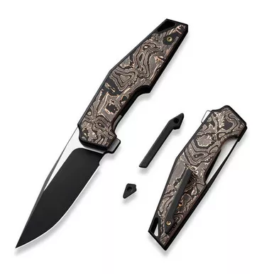 We Knife WE23001-2 OAO (One and Only) Flipper Folding Knife 3.40" 20CV Clip Point Plain Edge Blade, Black Titanium/Copper Foil Carbon Fiber Inlay Handle