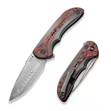 We Knife WE23020-DS1 Equivik Flipper Folding Knife 3.48" Damasteel Drop Point Plain Edge Blade, Gray Titanium/Lava Flow Fat Carbon Fiber Inlay Handle