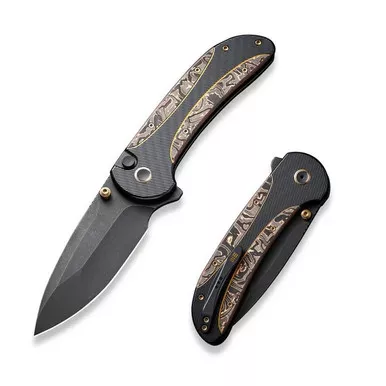 We Knife WE23031-1 Zizzit Flipper Folding Knife 3.80" 20CV Drop Point Plain Edge Blade, Black Titanium/Copper Foil Carbon Fiber Inlay Handle