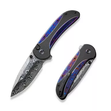 We Knife WE23031-DS1 Zizzit Flipper Folding Knife 3.80" Damasteel Drop Point Plain Edge Blade, Black Titanium/Timascus Inlay Handle