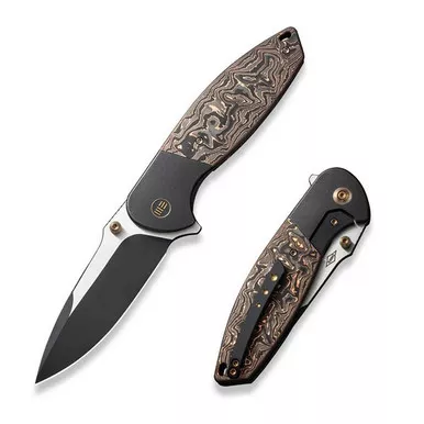 We Knife WE23035-2 Nitro OG Flipper Folding Knife 3.75" 20CV Drop Point Plain Edge Blade, Black Titanium/Copper Foil Carbon Fiber Inlay Handle