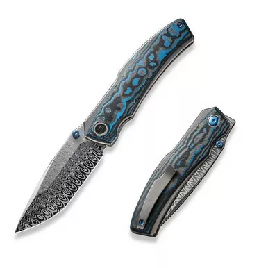 We Knife WE23067-DS1 Swordfin Front Flipper Folding Knife 3.28" Damasteel Tanto Plain Edge Blade, Black Titanium/Arctic Storm Fat Carbon Fiber Handle