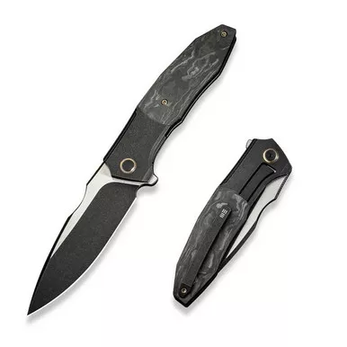 We Knife WE23091-1 Archeozoic Flipper Folding Knife 4.00" M390 Drop Point Plain Edge Blade, Black Titanium/Shredded Carbon Fiber Handle