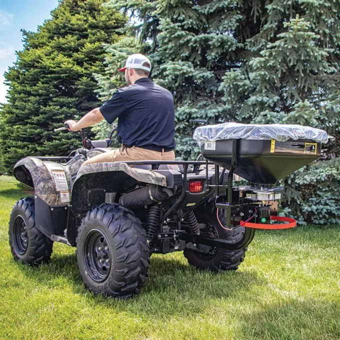 Wildlife Farming ATV/UTV Dry Material Spreader | 2″ Receiver Mount | 145 lb Hopper | Seed–Fertilizer–Ice Melt | 350–900cc | For ATV/UTVs