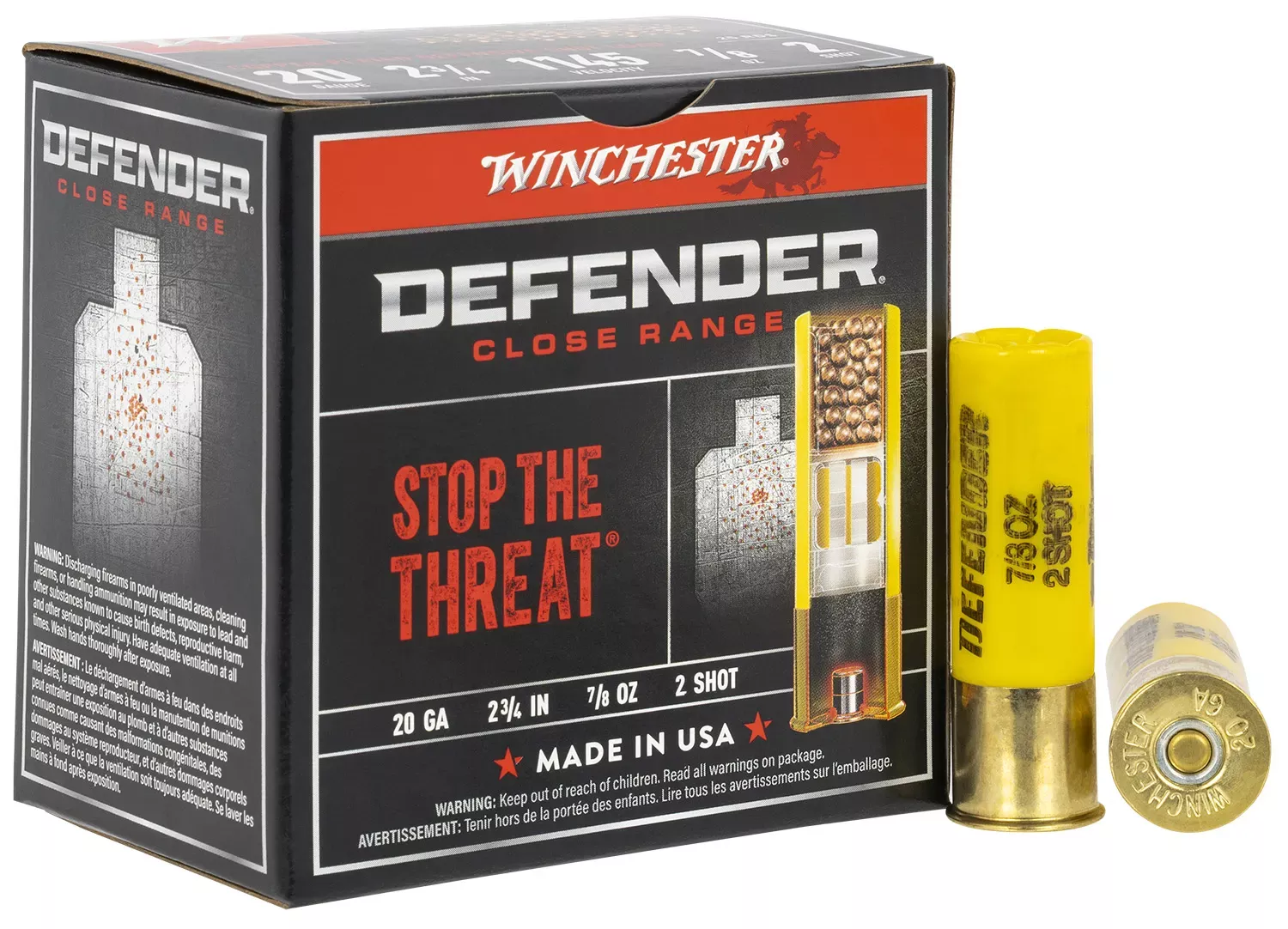 Winchester Defender 20ga 2.75″ 7/8oz #2 Copper-plated Lead Shot 25 Shells Per Box
