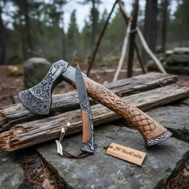 Wolf’s Fang Viking Axe & Knife Set with Carved Hardwood Handle